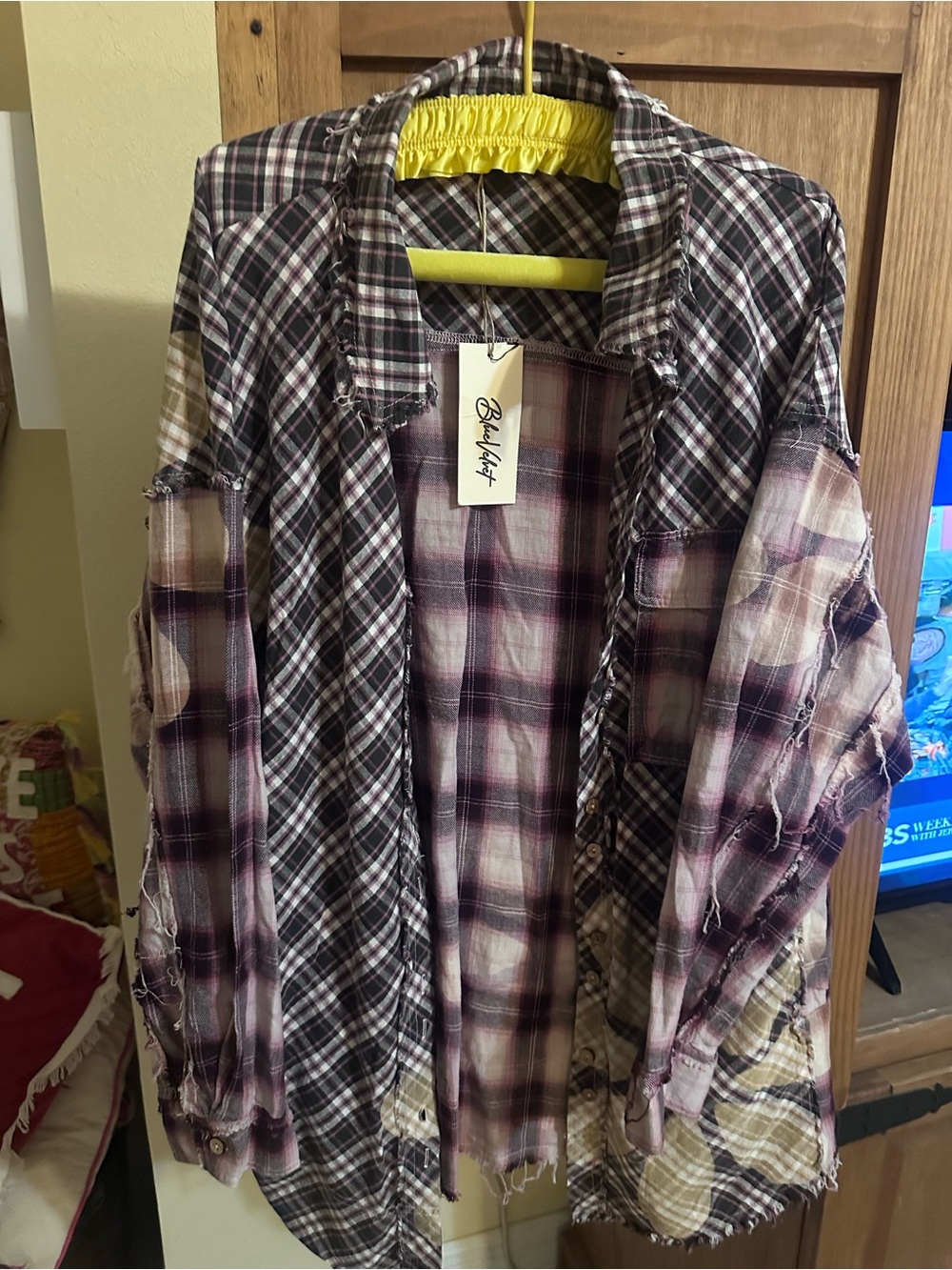 Blue Velvet Flower Plaid Button-Up Shirt Jacket - Purple, Black, Cream